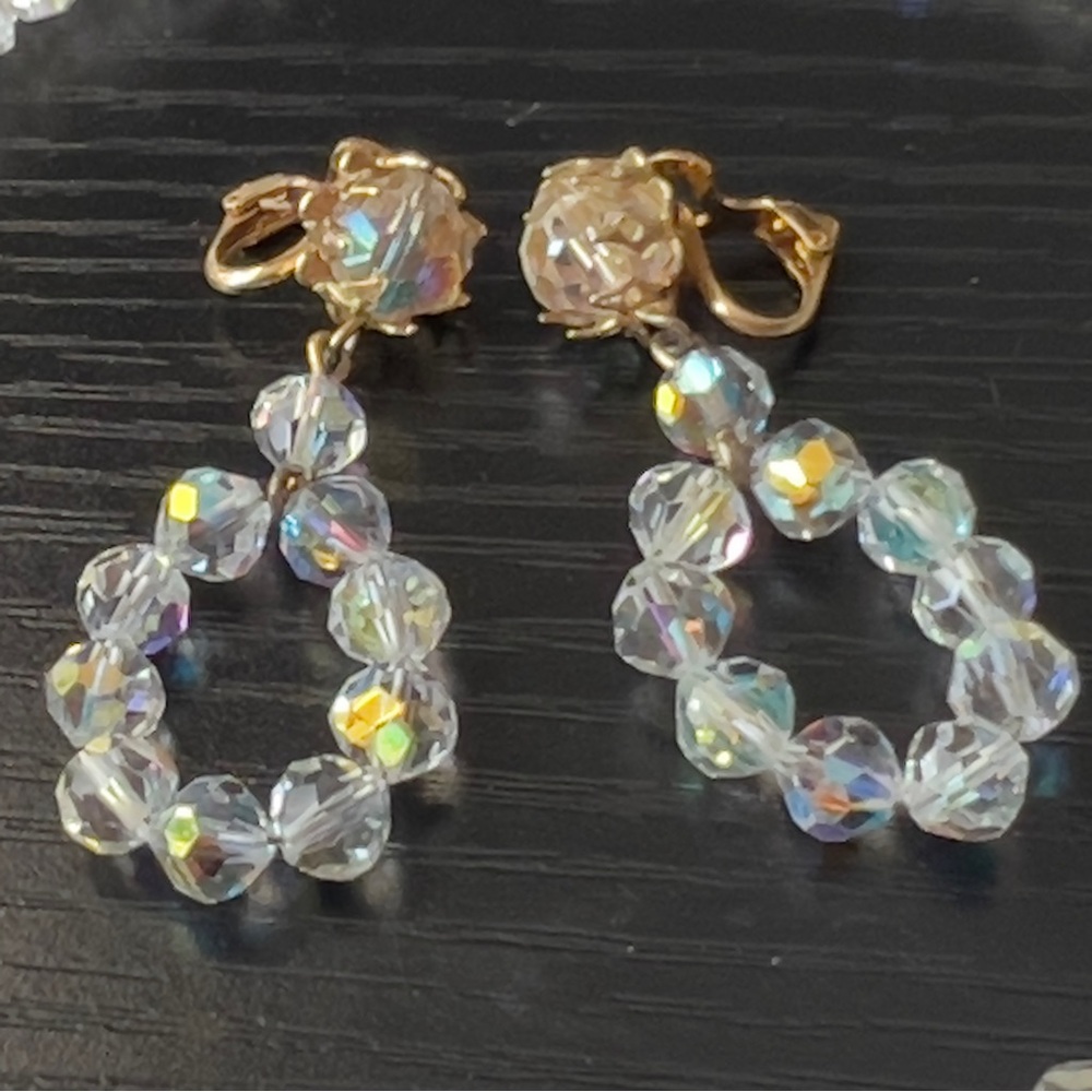 Vintage Aurora Borealis Glass Beaded Three Tiered Choker Style Necklace/Earrings - Picture 8 of 9